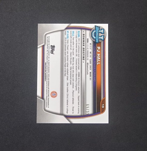 2022-23 Bowman University Chrome 1st Rookies /99 rifrattore verde #19 PJ Hall RC - Foto 11 di 23