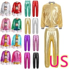 Girls Shiny Metallic Hip Hop Jackets Shiny Sequins Pants Ballroom Dancewear