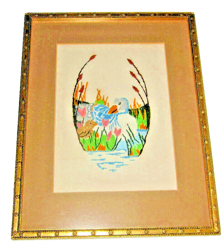 crewel embroidery needle work duckling vintage folk art frame glass mat yarn - Picture 2 of 5