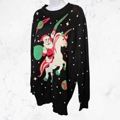 Tipsy Elves Ugly Sweater Santa Space Unicorn Black, Red & Green Sweater XXL - Picture 3 of 6
