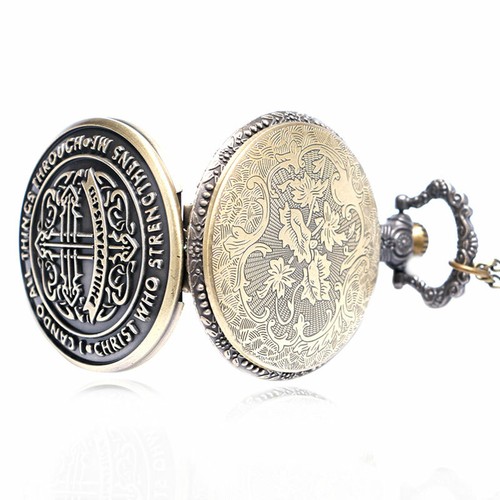 Retro Pocket Watch Chain Full Hunter Men Women Philippians 4:13 Necklace Watch - Picture 9 of 9