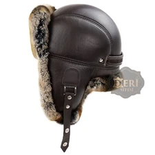 Men's Brown Rex Rabbit Fur Leather Aviator Russian Ushanka Trapper Winter Hat
