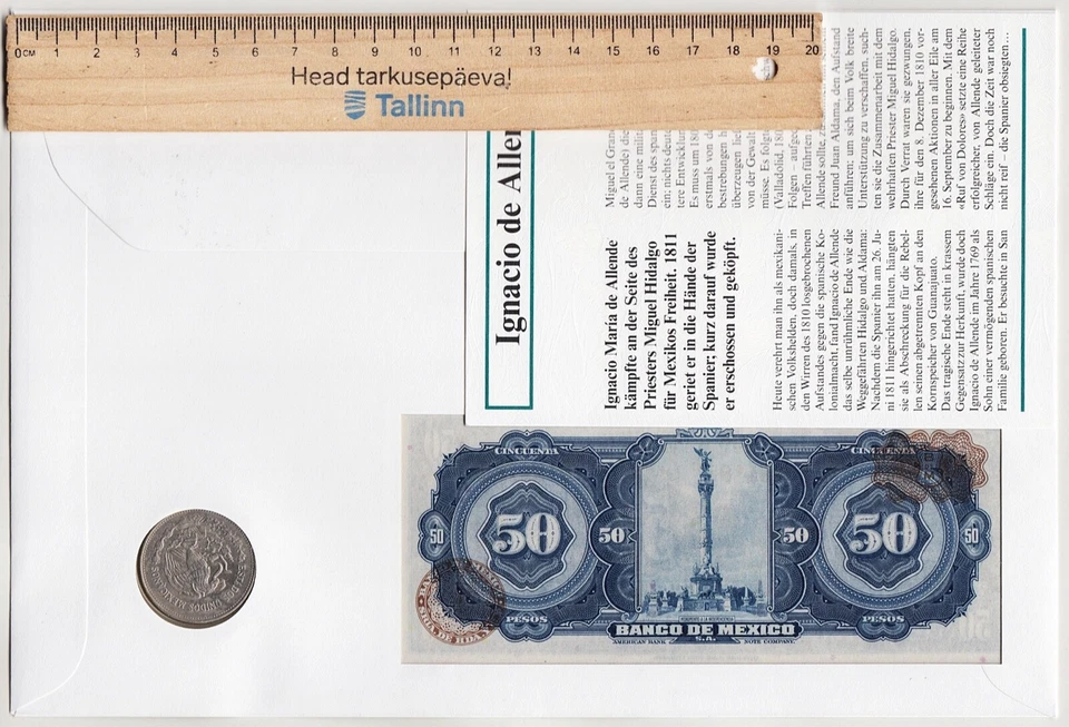 MÉXICO Independencia IGNACIO de Allende FDC 1985 con Billete de 50 PESOS y Moneda de $200 5 x1 Foto 2 de 4