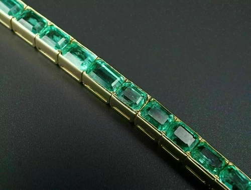 7Ct Emerald Cut Lab-Created Emerald 14K Yellow Gold Plated Men's Tennis Bracelet - Picture 3 of 9