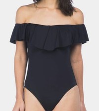 $143 Trina Turk Women's Black Ruffled Off-Shoulder One-Piece Swimwear Size 6