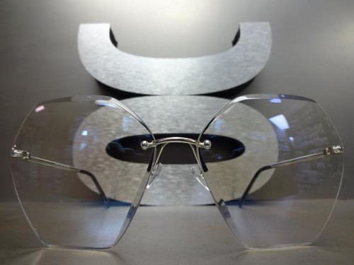 OVERSIZED VINTAGE RETRO Style Clear Lens EYE GLASSES Large Rimless Silver Frame - Picture 4 of 10