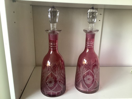 Vintage Pair Of Bohemian Cranberry Red Glass Decanters Oringnal Stoppers, C1980 - Picture 4 of 11