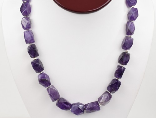 Sterling Silver 20" Chunky Semi-Faceted Natural Amethyst Bead Necklace 1.6g Gems