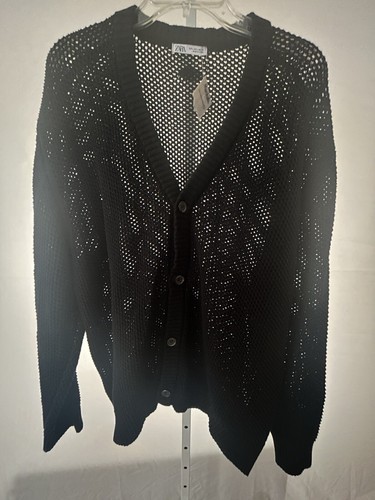 Women’s Zara Black Net Mesh Button Cotton Cardigan Sweater Size Large Summer New - Picture 4 of 13