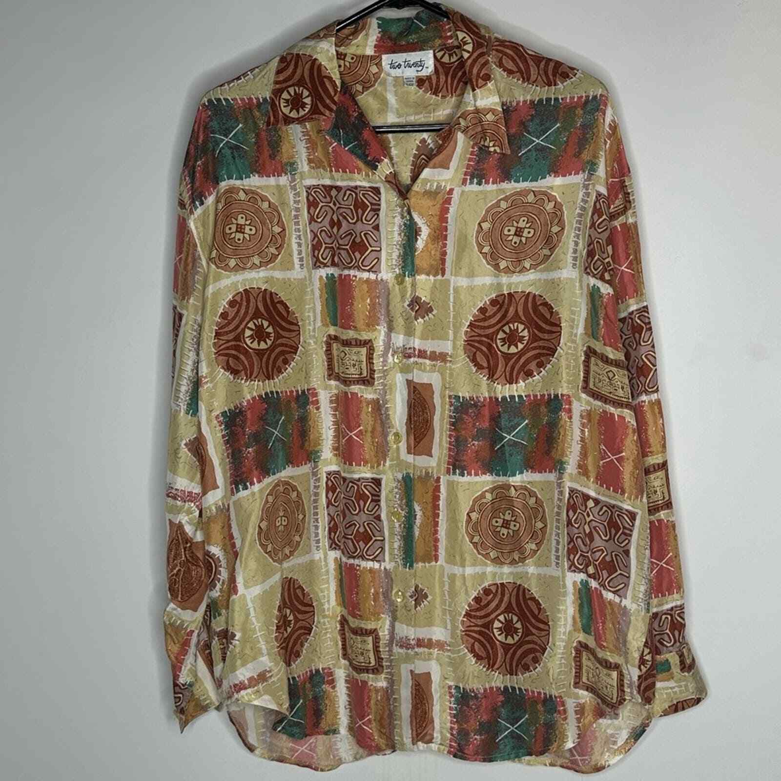 Vintage Aztec Print Button Down Silk Shirt, Women’s Large