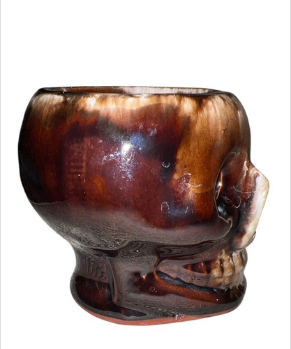 Vtg 1960s Hollow Ceramic Brown White Melt Molten Drip Glaze TIKI SKULL MUG Japan - Picture 2 of 5