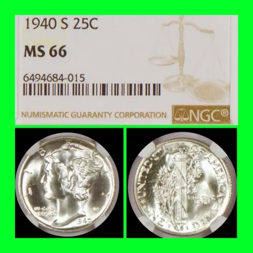 Outstanding 1940-S Mercury Dime 10¢ - ERROR LABEL Graded NGC MS66 - White Blast 
