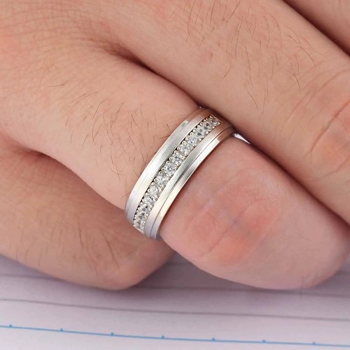 Solid 925 Sterling Silver Men Ring Half Eternity Round White Cubic Zircon - Picture 3 of 5