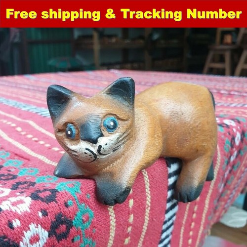 Wooden Cat Wood Carved Shelf Sitters Statue Figurine Home Decor Collectible - Picture 1 of 12