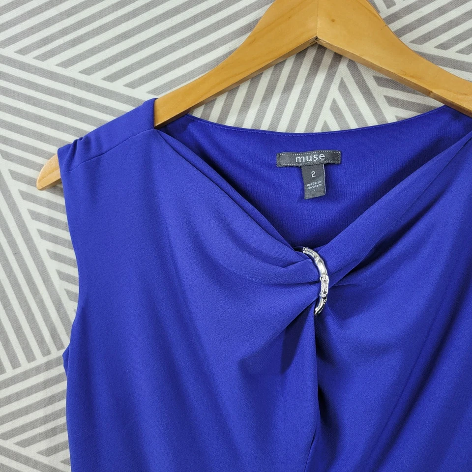 Muse Dress size 2 Stretch Sheath blue party Ruched top cocktail knee length  - Image 4 of 4