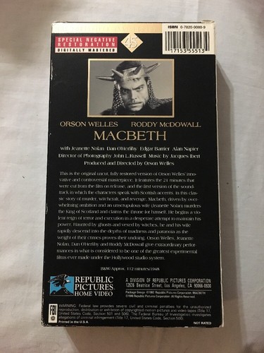 Macbeth 45th Anniversary Ordination Welles Roddy McDowall Republic Pictures VHS - Afbeelding 2 van 12