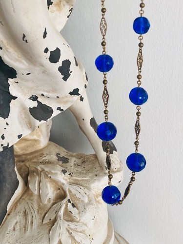 Antique Vtg Blue GLASS Beaded Necklace Art Deco FLAPPER 24" - Picture 4 of 22