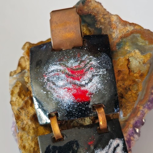 Vintage modern abstrakt rot weiß Emaille & Kupfer Gliederarmband breite Platte 7,25" - Bild 4 von 9