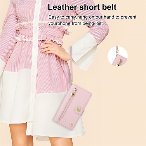For iPhone 15Pro Max 14 13 XR 6 Fashion Heart Zipper Card Wallet Case With Strap - Picture 10 of 16