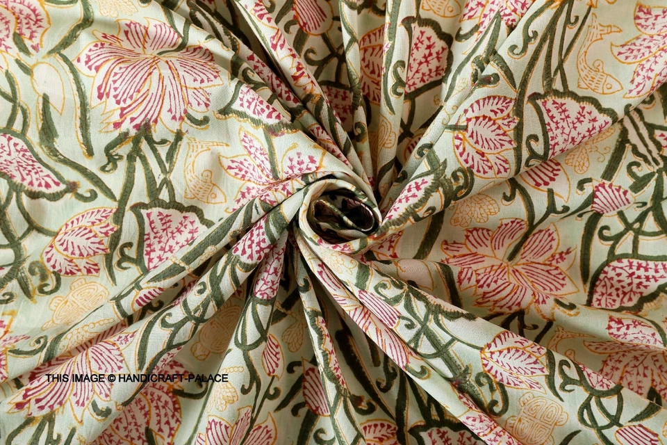 5 Yard Hand Block Green Floral Print Fabric Natural Handmade Cotton Indian Craft - Image 4 of 4