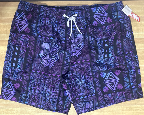 Marvel Mens Swim Trunks Shorts Size L Black Panther Purple Blue Pockets NEW - Foto 1 di 11