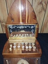 Vintage Heart Shaped Wooden Sewing Thread Box & Mirror W/ 12 Wooden Spools