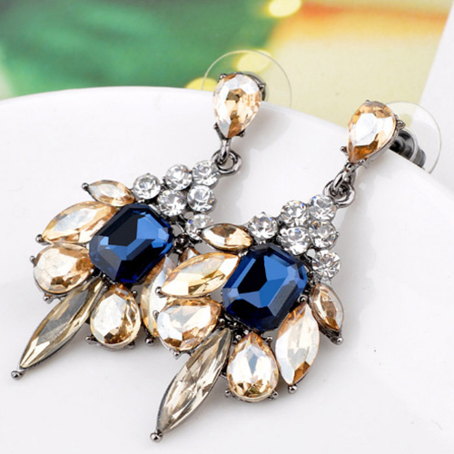 Kristall Tropfen Edelstein Strass Ohrringe Blau und Gold Statement Ohrstecker - Bild 1 von 3