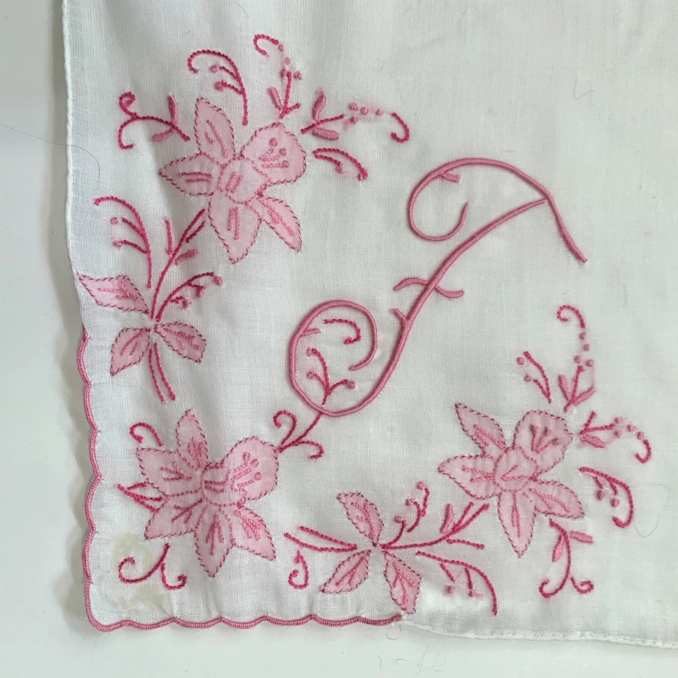 Embroidered Monogram Initial F Wedding Handkerchief Bride Bridesmaid Heirloom - Image 3 of 4