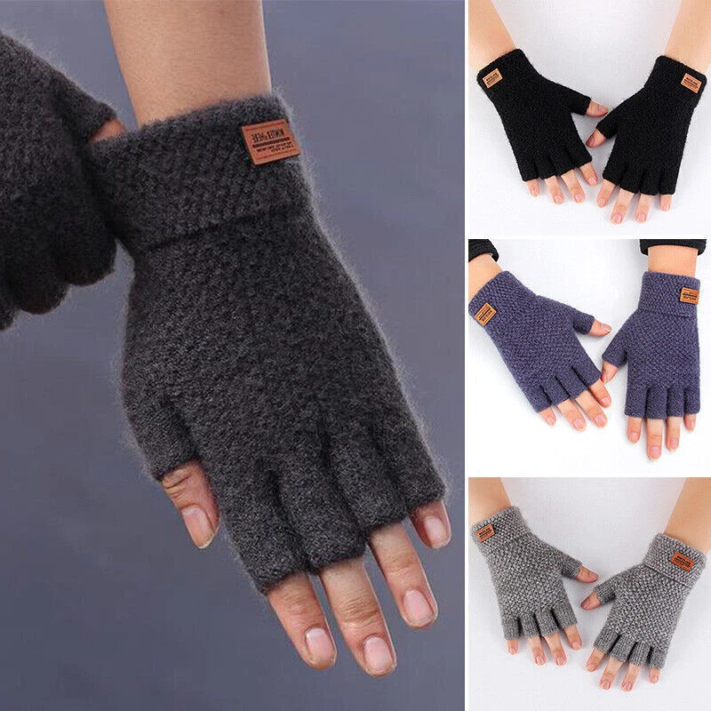 Winter Alpaca Wool Fingerless Gloves Thermal Mens Knitted Half Finger Mittens AU - image 4 of 4