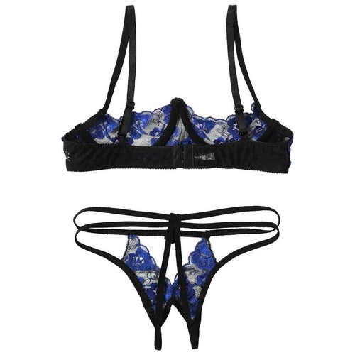 Womens Sheer Mesh Embroidery Lace Lingerie Set Underwire Bra Top G-string Briefs - Picture 17 of 28