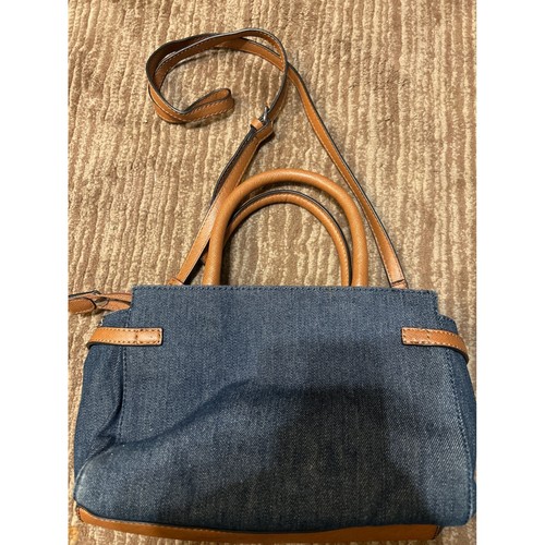 Guess Mathewson Satchel Purse Top Handle Crossbody Denim Blue Brown Small Bag - Picture 2 of 3