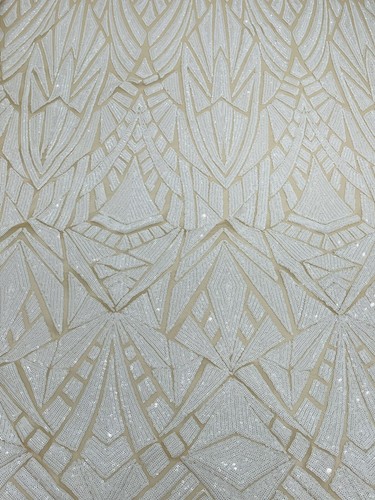 White Geometric Design With Shiny Sequin On A 4 Nude Way Stretch Mesh-By Yard - Picture 4 of 5