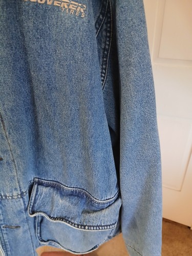 Vtg Dunbrooke Upstream COOPER TIRES SIZE L Mens Denim Jacket Leather Collar READ - Picture 5 of 16