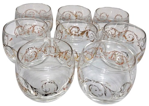 Cera Roly Poly Glass Vtg MCM 22K Gold Scroll Pattern Clear 2.75" Lot Set Of 8 - Picture 2 of 13