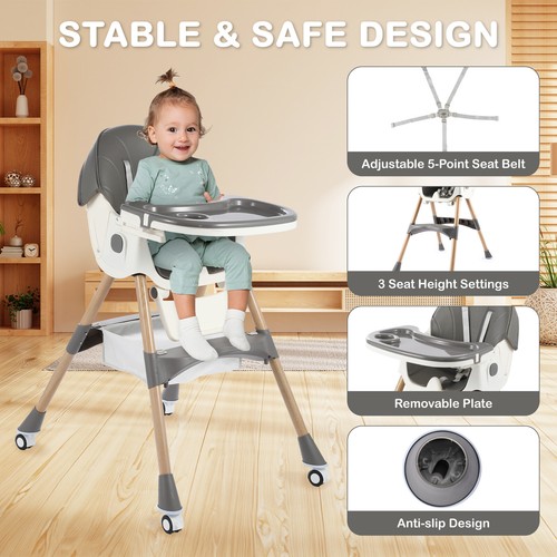 Convertible 6-in-1 Baby High Chair for Toddlers with Folding, Adjustable Grey US - Picture 5 of 7