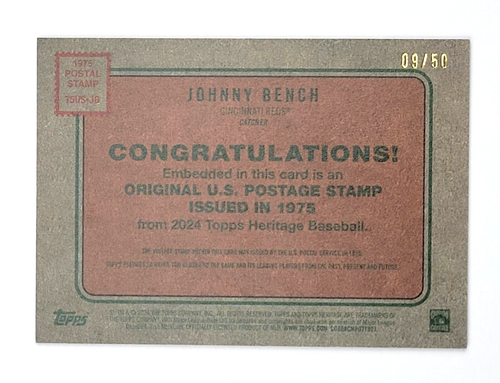 2024 Topps Heritage Johnny Bench Original 1975 Postal Stamp Relic /50 Reds HOF - Bild 2 von 12