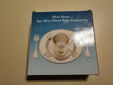 Real Silver Bears 4 Pc Silver Baby Feeding Set Plate Fork Spoon Cup 1987