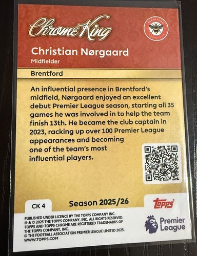 2025-26 Topps Premier League EPL Chrome Kings CK 4 Christian Nørgaard, Brentford - Foto 2 di 2