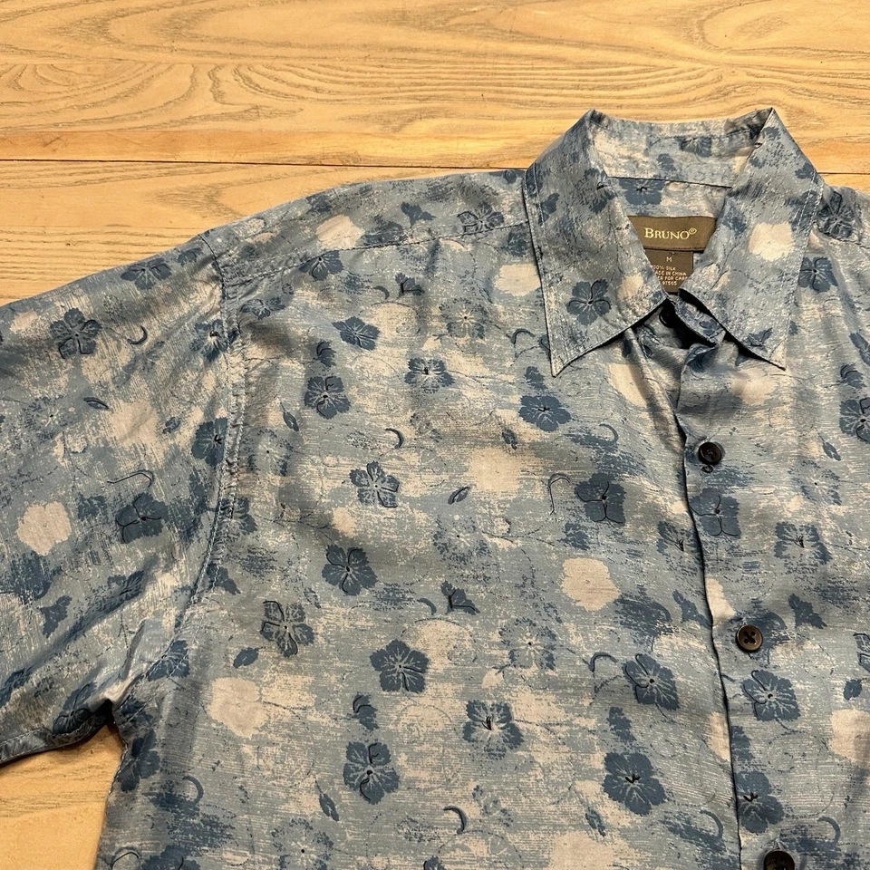 Camisa De Colección Bruno Azul Seda Floral Estampado Geométrico Para Hombres M Manga Corta Abotonada Foto 4 de 4
