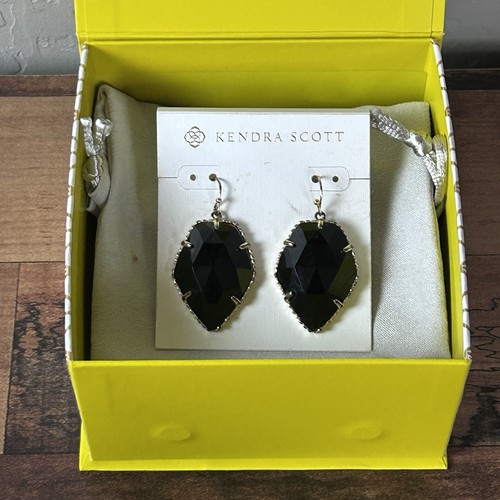 Kendra Scott Corley Gunmetal Banded Black Agate Dangle Earrings, Pouch & Box - Picture 4 of 5