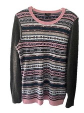 Talbots Fair Isle Sweater M Lambs Wool Pullover Pink Gray Cozy Warm