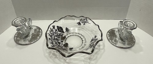 Vtg Silver City Flanders Poppy Silver Overlay Bowl/Dish & Pair of Candle Holders - Picture 11 of 16