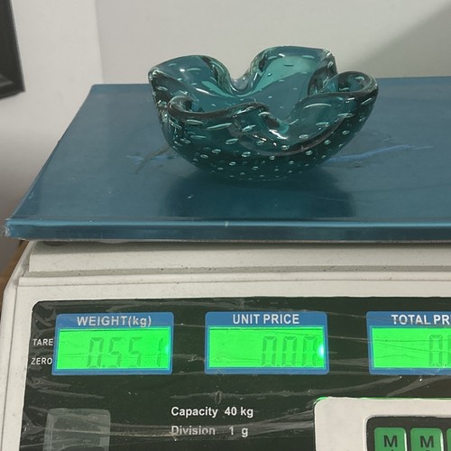 Vintage Murano Art Glass Bullicante Ashtray Teal Blue Controlled Bubbles - Picture 16 of 16