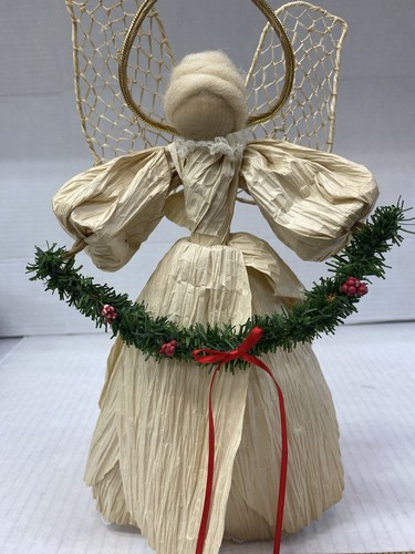Corn Husk Angel 12 in W/Lace Hem Holds Evergreen Spray W/ribbon Rustic Folk Art - Picture 3 of 8