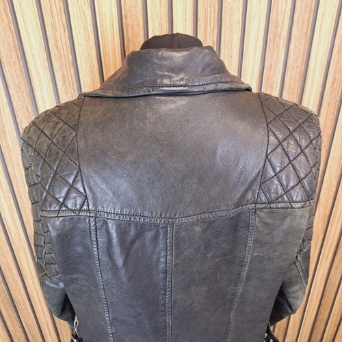 AllSaints Walker Biker Black Womens UK 12 Leather Bomber Zip Quilted Shoulders - Picture 10 of 13