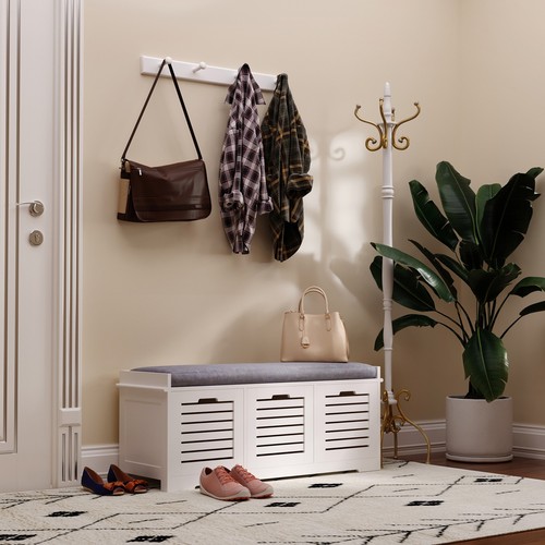 HOMCOM 3-Door Shoe Storage Bench Cushion Seat Slatted Doors Elevated Base White - Picture 2 of 11