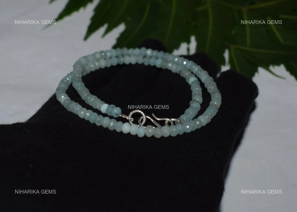 Rund Aquamarin Chalzedon Edelstein Geburtstag Perlen Neu Halskette 925 Silber - Bild 4 von 4