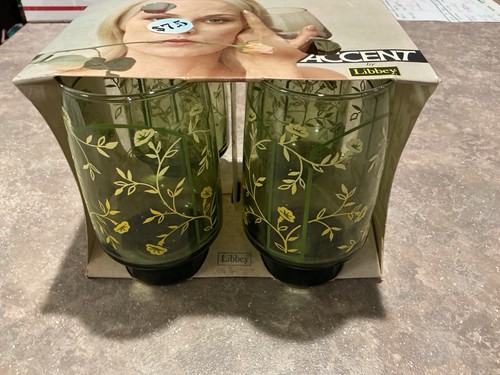 Vintage Accent by Libbey Retro Green Floral Water Glass Tumbler 5.5" Set/4 - Picture 2 of 4