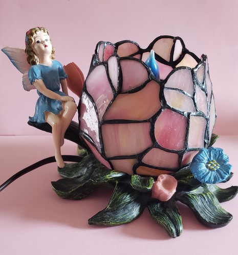 Stained Glass Garden Fairy Flower Pink and Resin Table Lamp Open Flower WORKING
