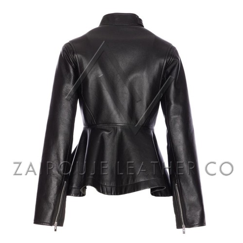 Luxus schwarze Damen Lederjacke, schicker eleganter taillierter Lammfellmantel mit Schößchen - Bild 9 von 10